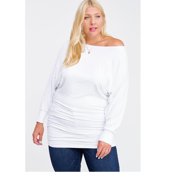 NWT PLUS SZ Off Shoulder White Ruched Top - Picture 2 of 4